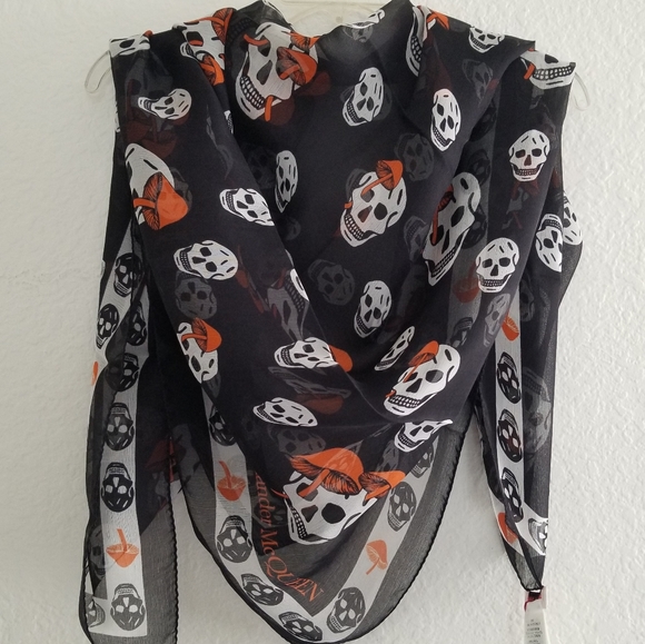 Alexander McQueen Mushroom & Skull Motifs Silk Scarf Black Orange - Picture 2 of 8